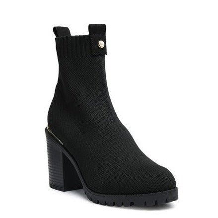 Black Knitted Block Heeled Ankle Boot