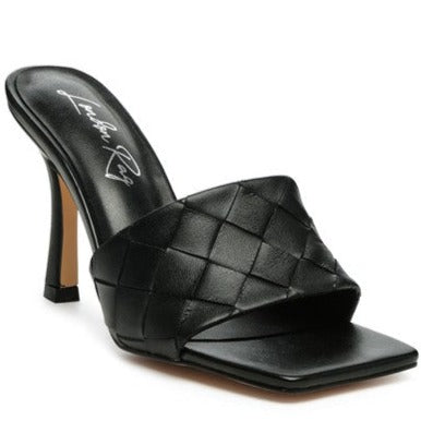 High Heeled Woven Square Toe Sandal