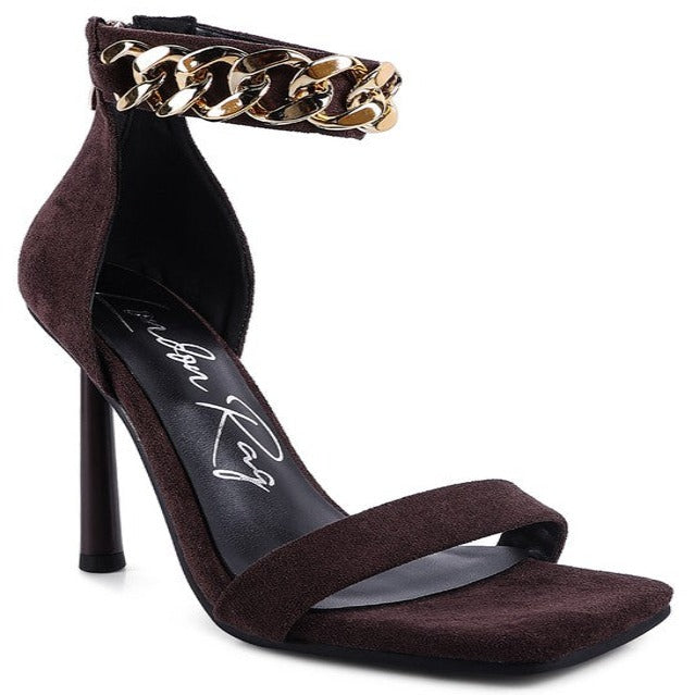 Suede Chain Strap Heeled Sandals