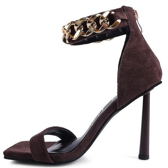 Suede Chain Strap Heeled Sandals