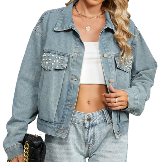 Rhinestone & Pearl Trim Button Down Denim Jacket