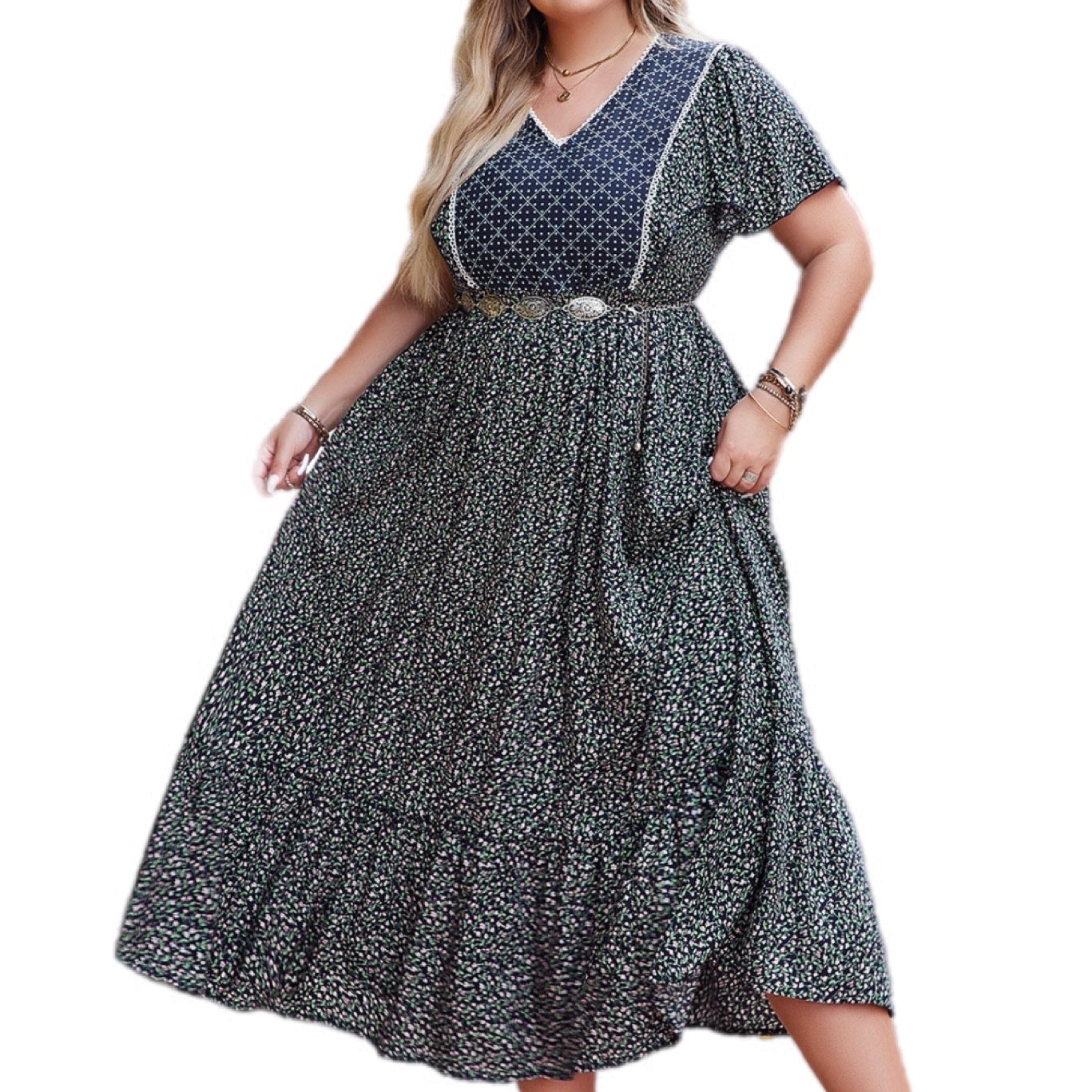 Plus Size Boho Flutter Sleeve Smocked Maxi Dress