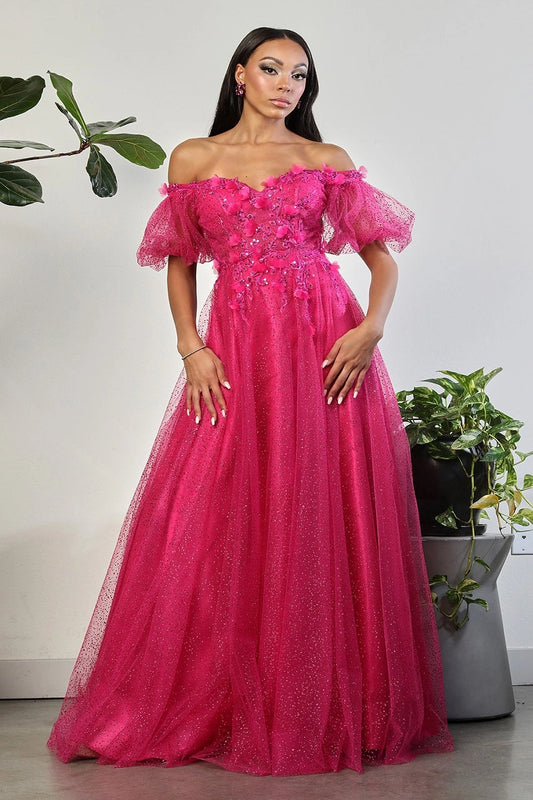 Glitter 3D Floral A-Line Evening Gown