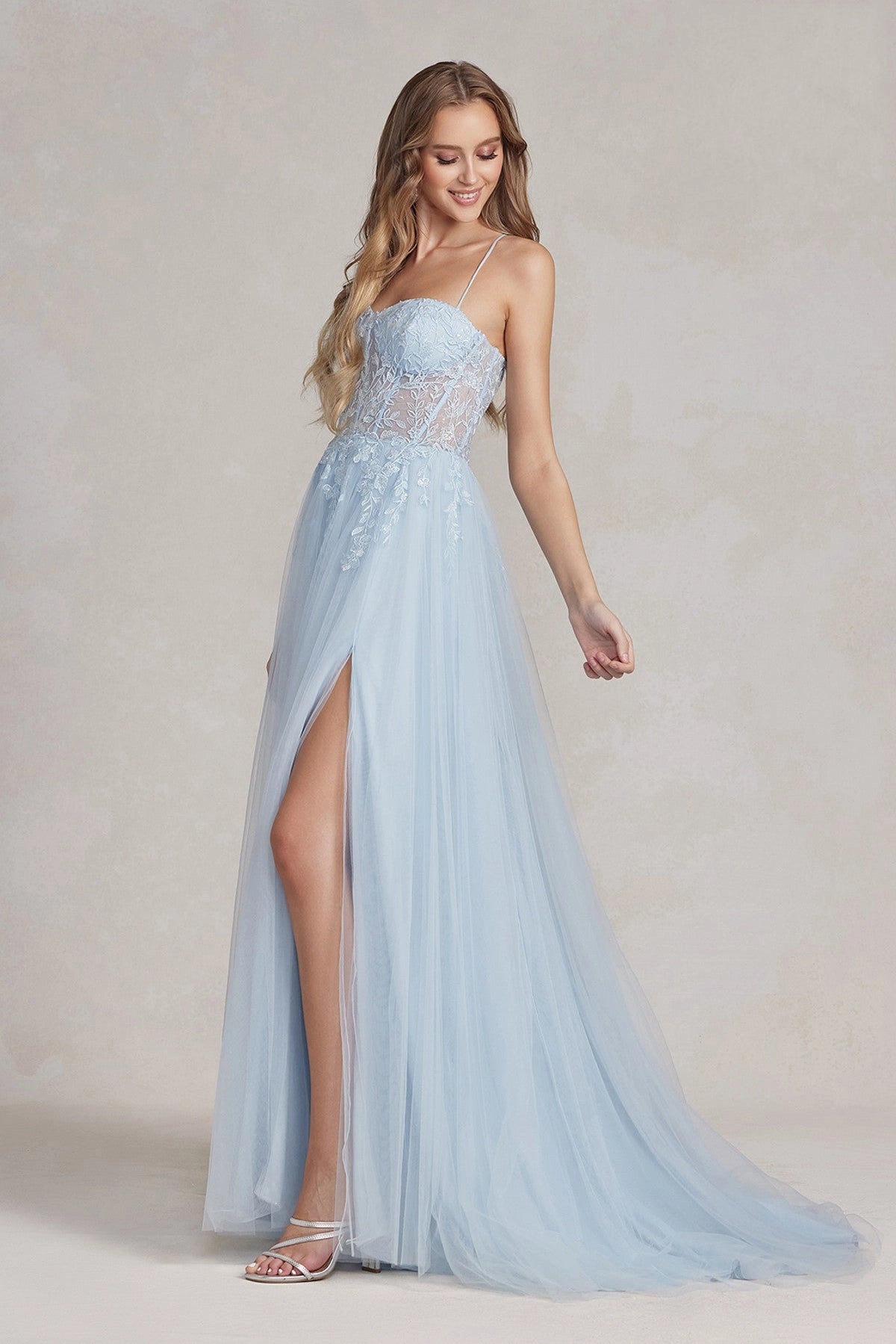 Open Back Tulle Prom Floral A-Line Formal Gown