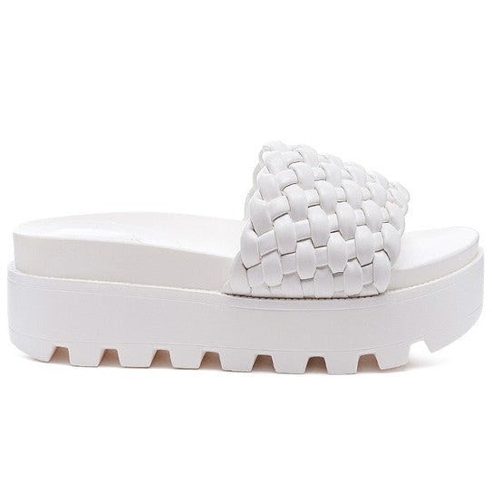 White Woven Textured Platform Slides