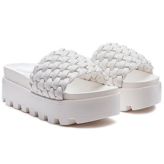 White Woven Textured Platform Slides