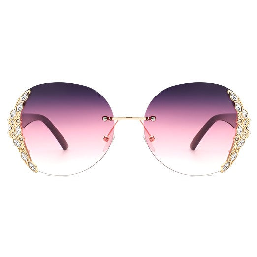 Rimless Round Rhinestone Oversized Sunglasses