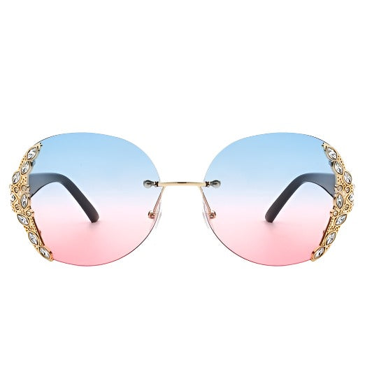 Rimless Round Rhinestone Oversized Sunglasses