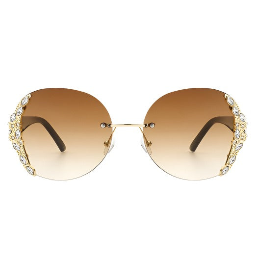 Rimless Round Rhinestone Oversized Sunglasses