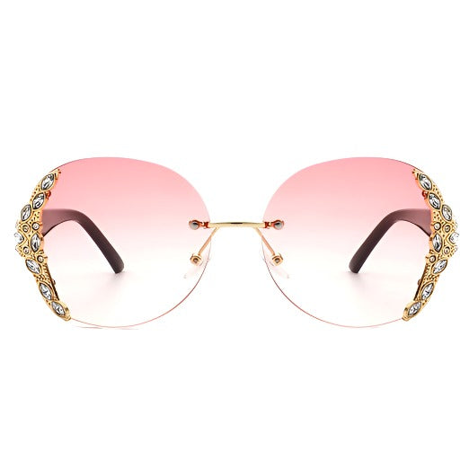 Rimless Round Rhinestone Oversized Sunglasses