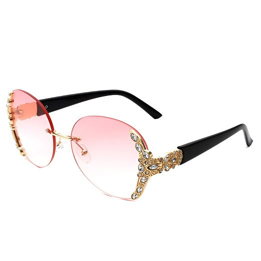 Rimless Round Rhinestone Oversized Sunglasses