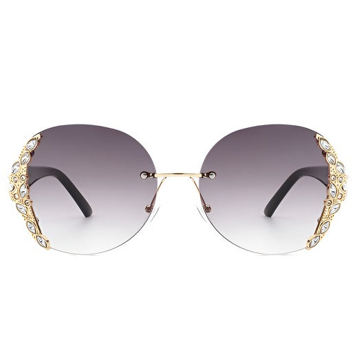 Rimless Round Rhinestone Oversized Sunglasses