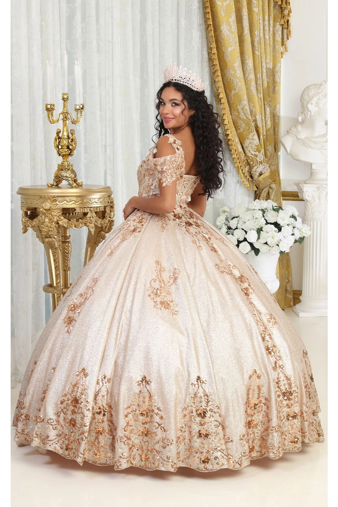 Embroidered Rose Gold Plunging Corset Ball Dress