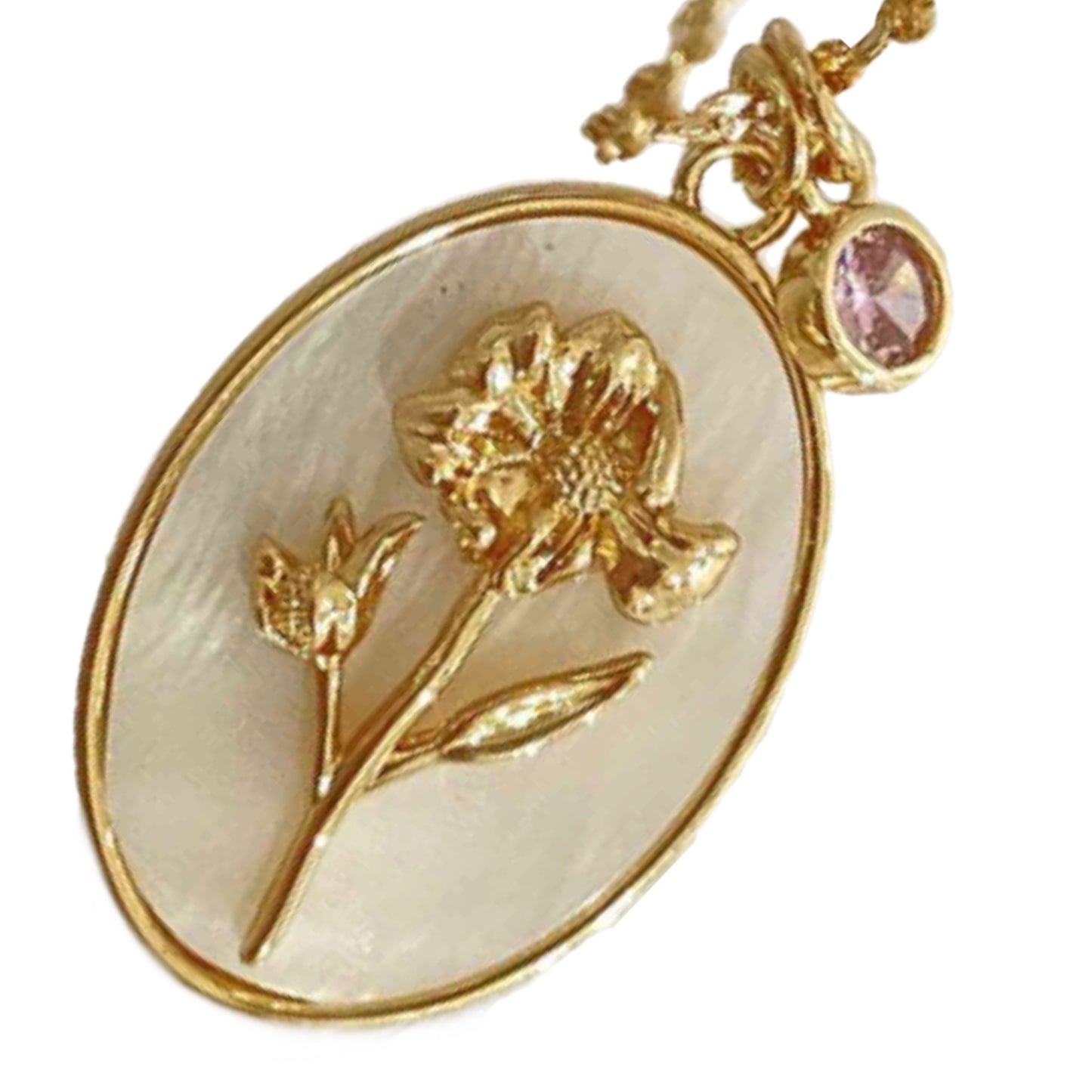 Birth Flower Gold Charm Necklace with Shell