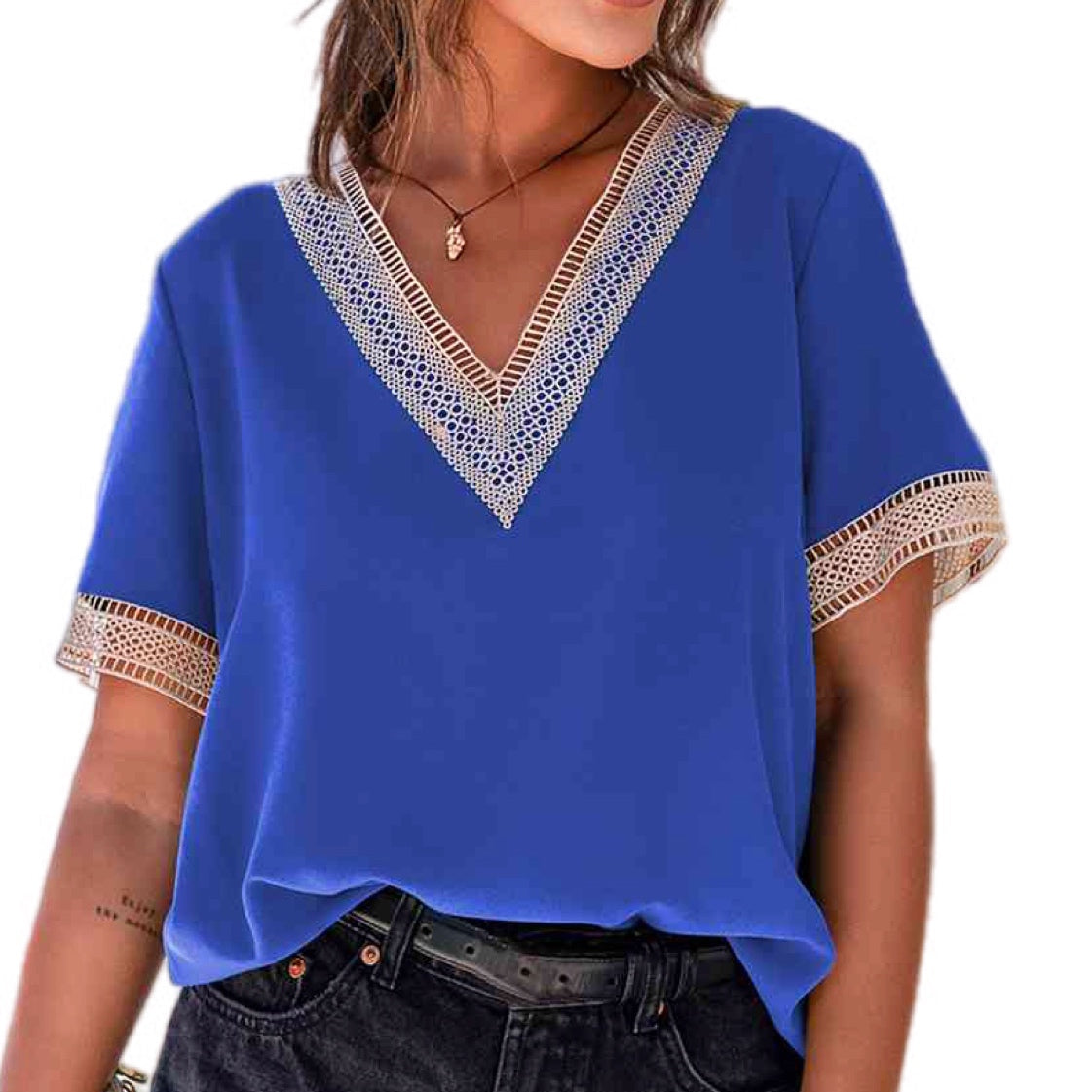 Lace Contrast V-Neck Blouse