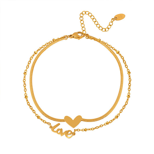 Gold Steel Layered Heart & Love Charm Anklet