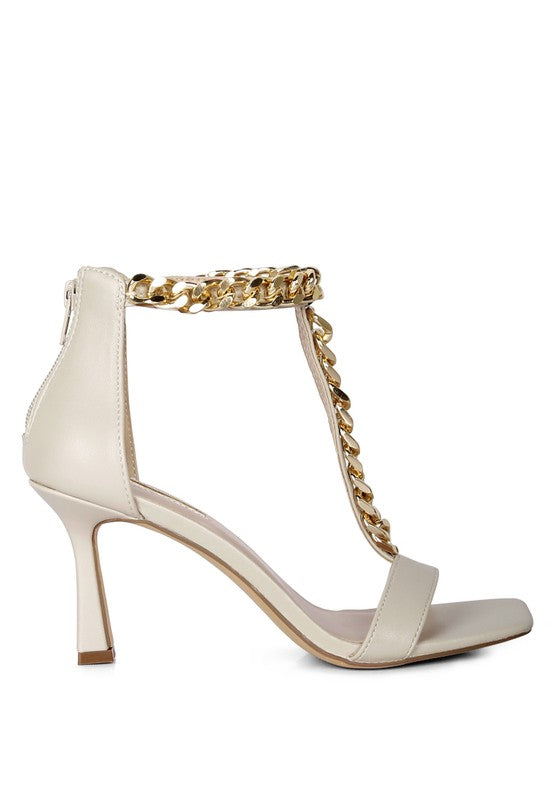 T Strap Chain Mid Heel Sandals