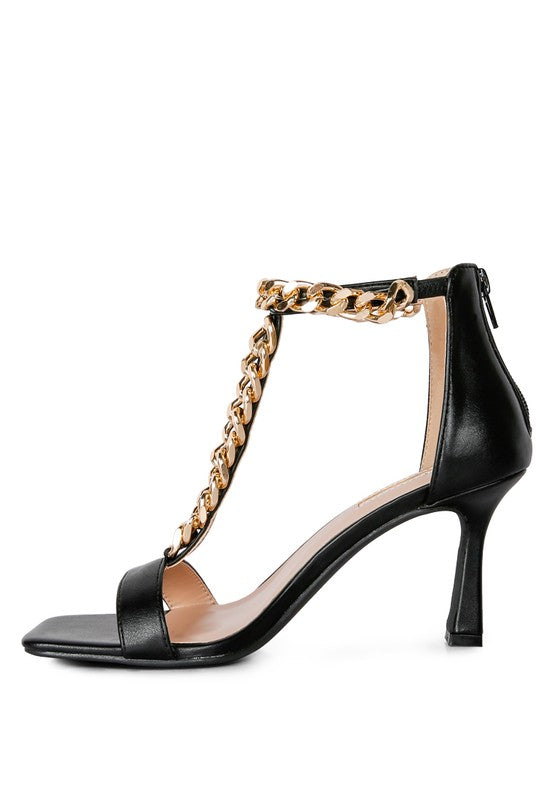 T Strap Chain Mid Heel Sandals