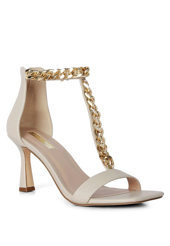 T Strap Chain Mid Heel Sandals