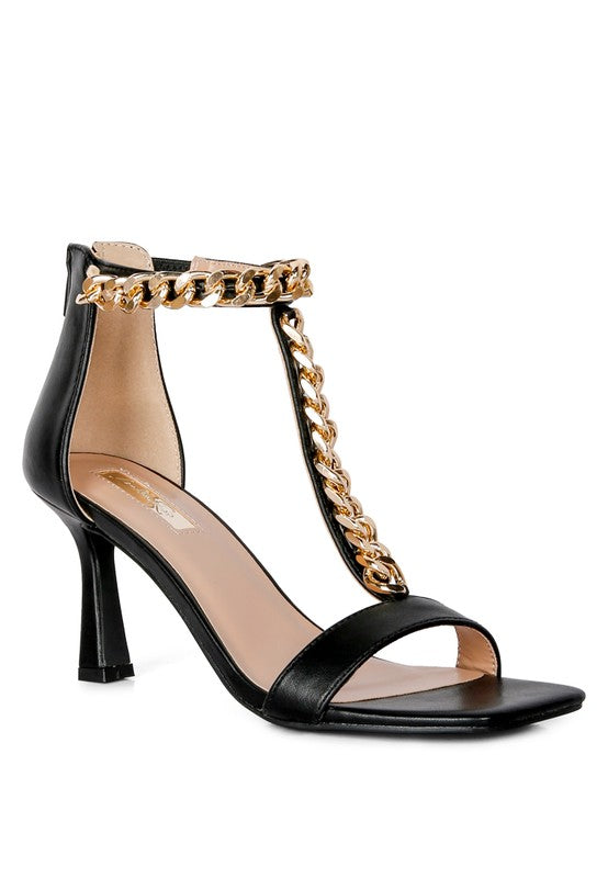 T Strap Chain Mid Heel Sandals