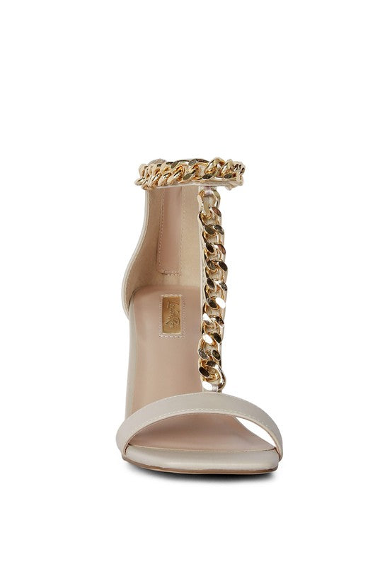 T Strap Chain Mid Heel Sandals