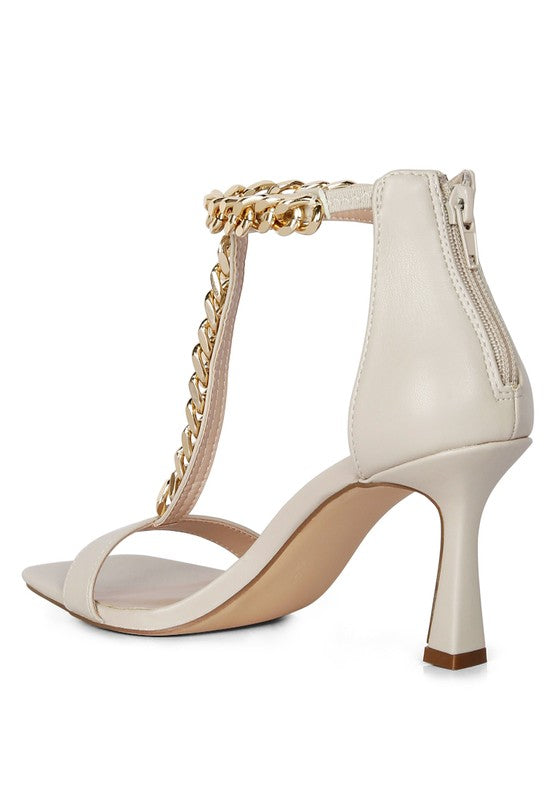 T Strap Chain Mid Heel Sandals