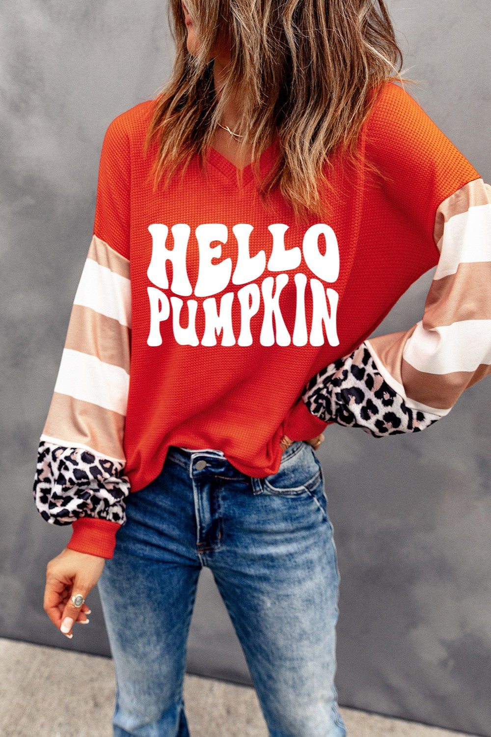 Hello Pumpkin Graphic V-Neck Long Sleeve Top