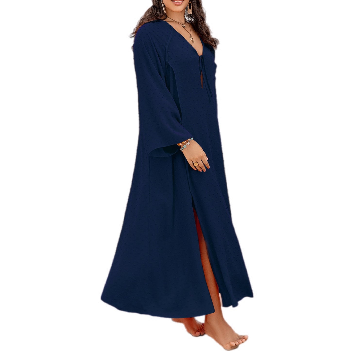 Plus Size Tie Neck Long Sleeve Swim Coverup