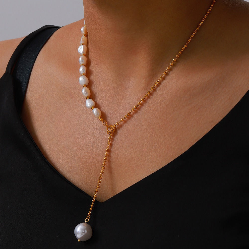 Gold Steel Pearl Lariat Necklace