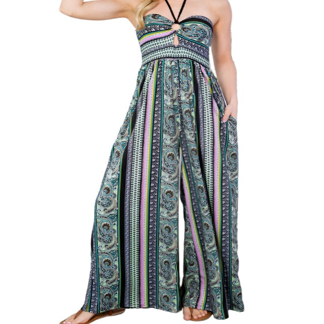 Cut Out Wide Leg Halter Jumpsuit with Pockets