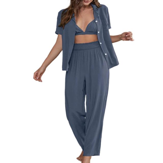 Short Sleeve Shirt, Bralette, & Pants Pajama Set