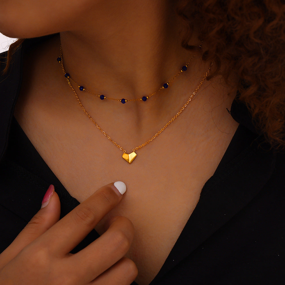 Gold Stain Double Layered Heart Charm Necklace with Blue Beaded Accents