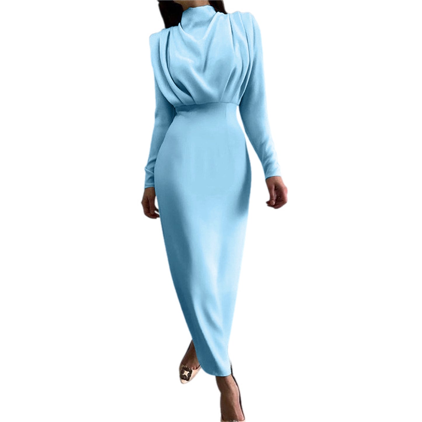 Formal Ruched Turtleneck Long Sleeve Dress