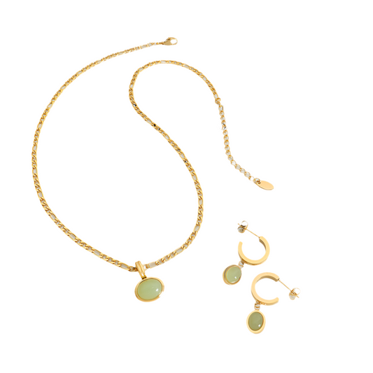 Green Jade Gold Steel Gemstone Charm Necklace or Earrings