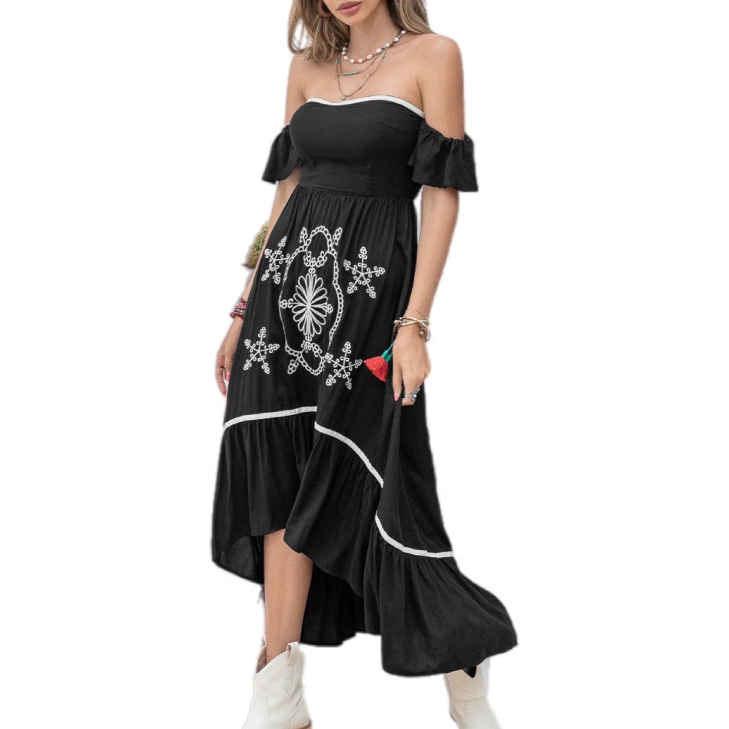 Embroidered Off-Shoulder Ruffle Maxi Dress