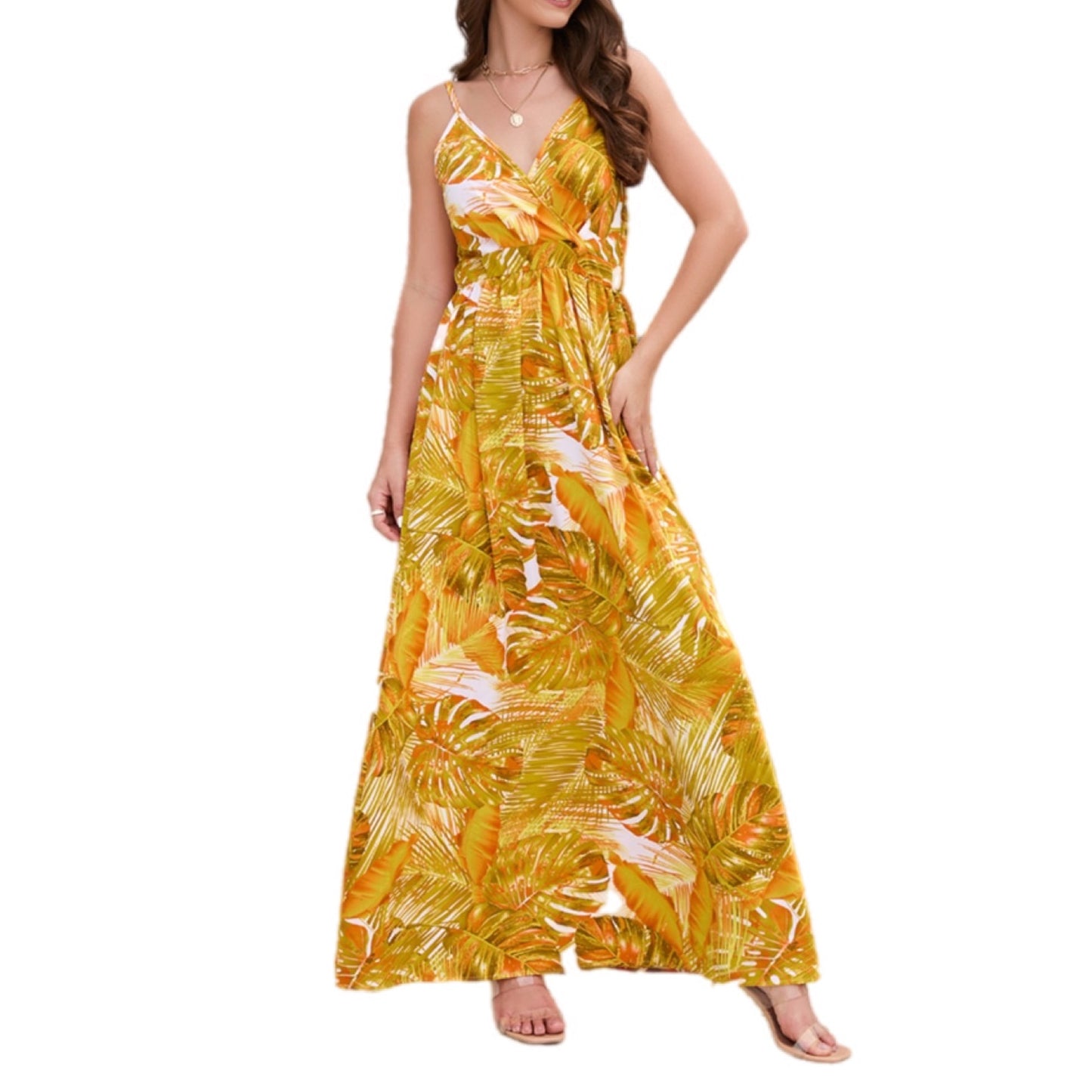 Tropical Print V-Neck Maxi Dress