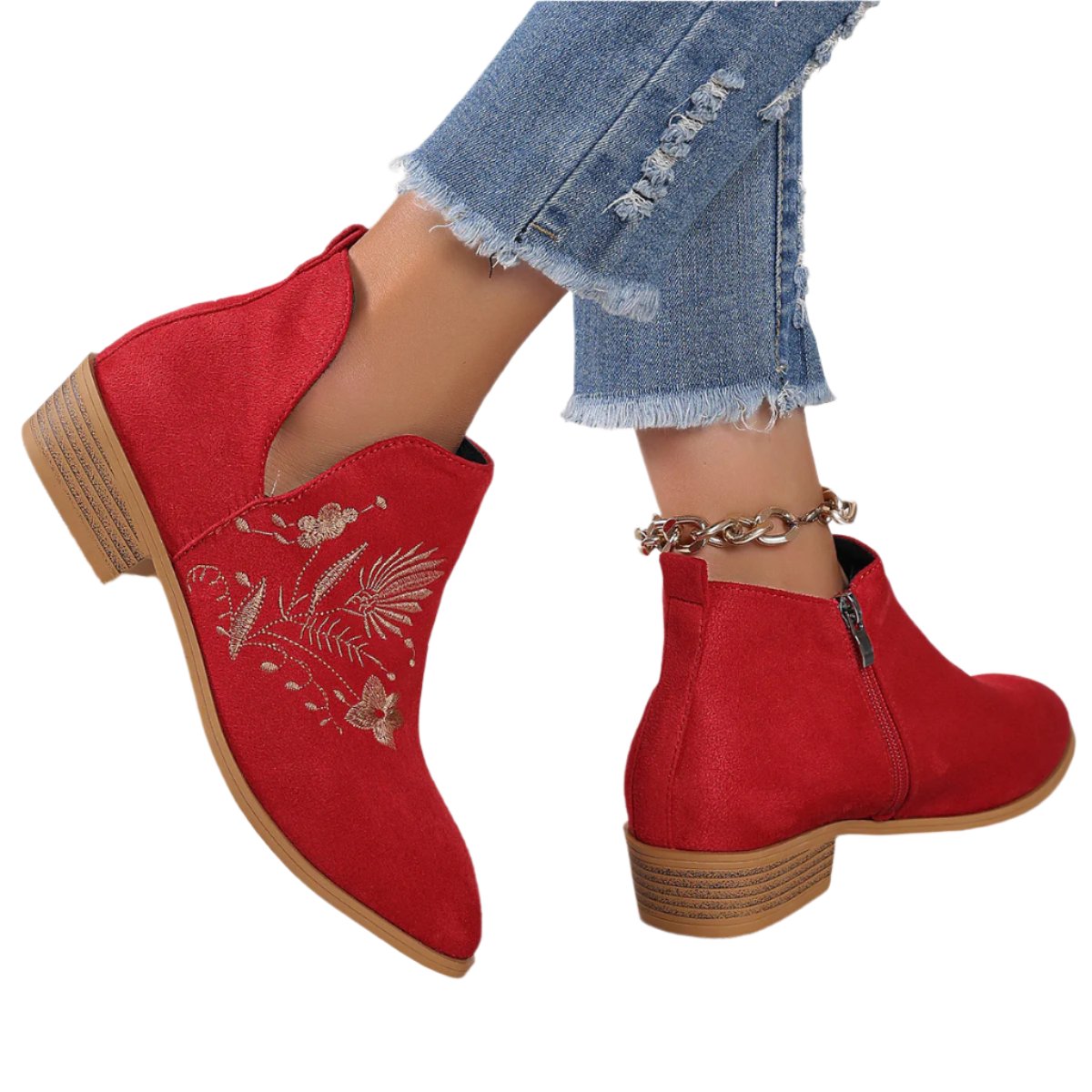 Embroidered Suede Point Toe Block Heel Boots