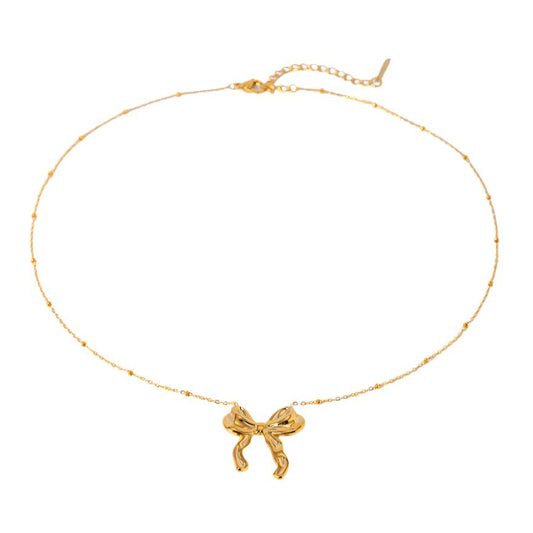 Gold Steel Bow Charm Necklace