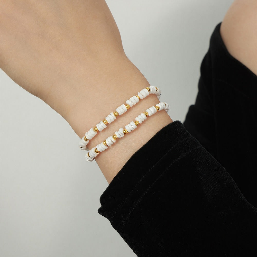 Gold Steel White Shell Beaded Bracelet Set of 2