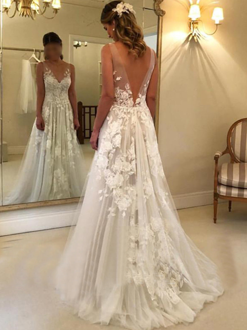 Deep V-Neck Lace Wedding Dress