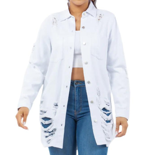 White Distressed Button Up Denim Jacket