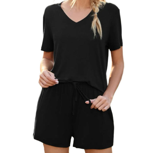 V-Neck Short Sleeve Top & Pocketed Shorts Pajama Set