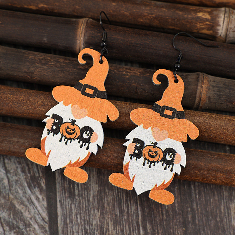 Wooden BOO Dwarfs Pumpkin Dangle Earrings