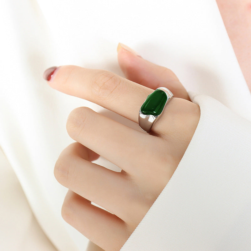 Gold or Silver Steel Green Agate Gemstone Ring