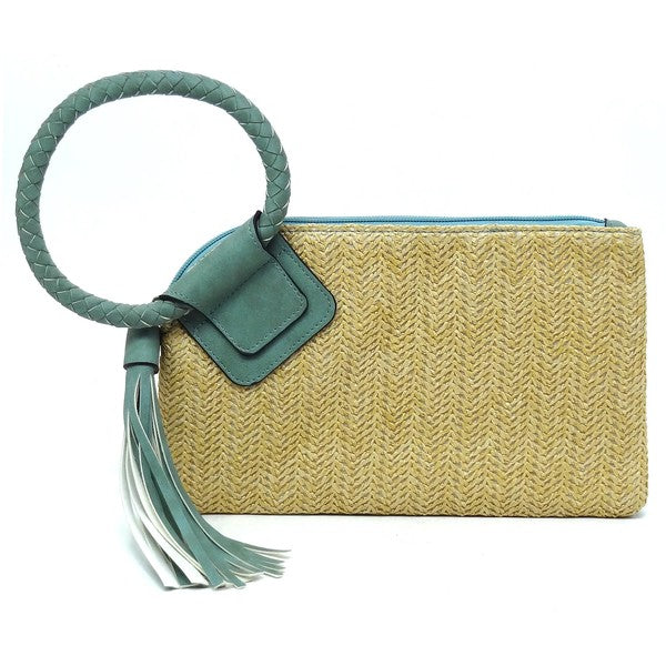 Straw Cuff Handle Wristlet Clutch with Tassel