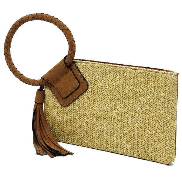 Straw Cuff Handle Wristlet Clutch with Tassel