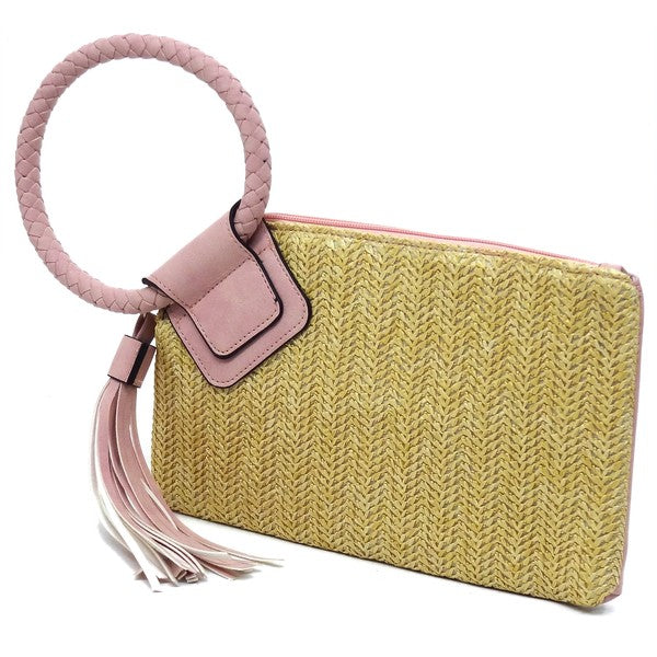 Straw Cuff Handle Wristlet Clutch with Tassel