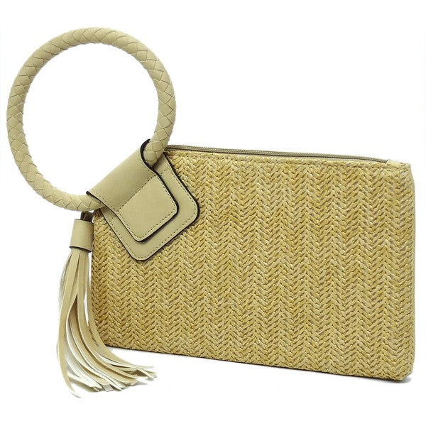 Straw Cuff Handle Wristlet Clutch with Tassel