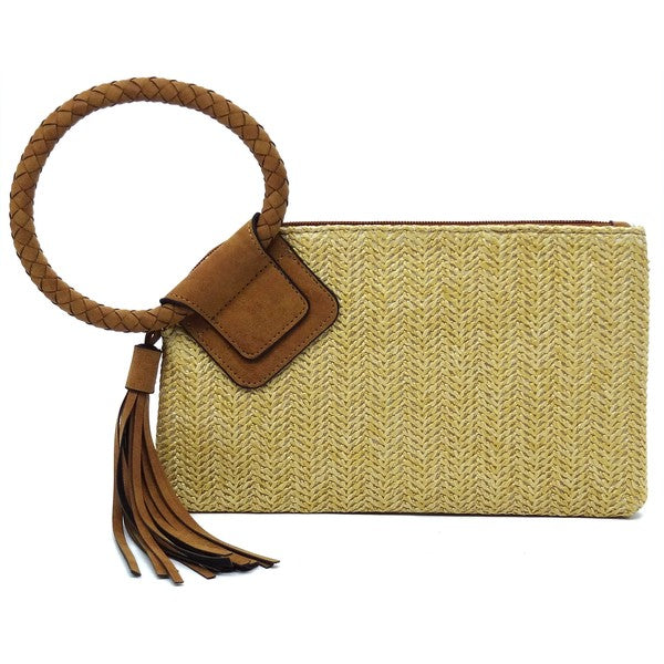 Straw Cuff Handle Wristlet Clutch with Tassel