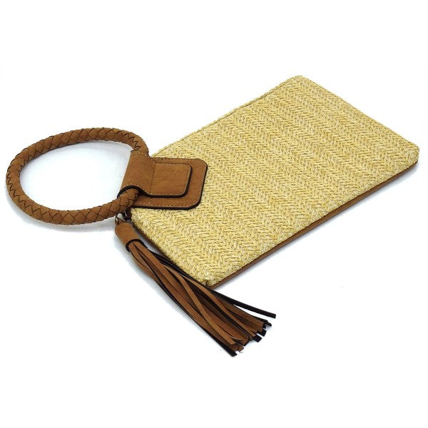 Straw Cuff Handle Wristlet Clutch with Tassel